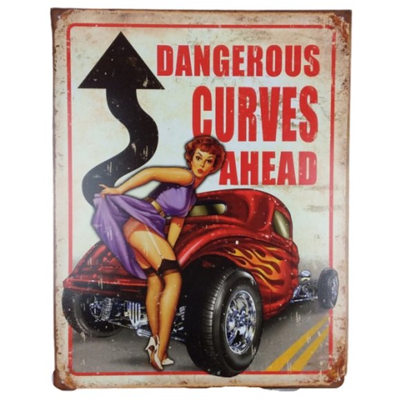 Dangerous Curves Metal Sign Pinup Girl Car Hot Rod - Picture 1 of 4
